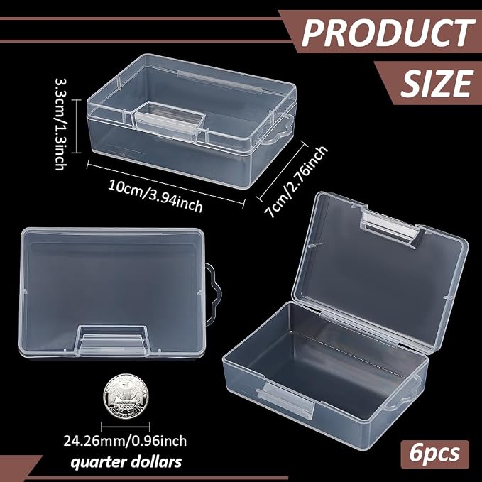 BENECREAT 6 Pack Clear Plastic Box Clear Storage Case Collection Organizer Container with Hinged Lid and Hangers For Organizing Small Parts Office Supplies Clip - 3.93x2.75x1.3 Inches