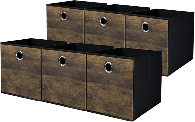 6-Pack Durable Storage Cube Bin with Decorative Wood Grain,Thickened Fabric Box,Storage Basket for Shelf,Closet,Storeroom,Bedroom,Living Room,Nursery,Office,Dorm,RV,13x13x13in,Brown with Black(Large)