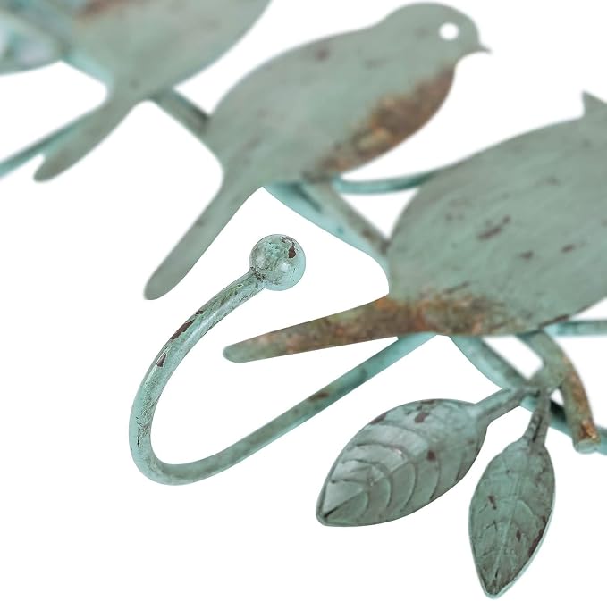 SOFFEE DESIGN Vintage Metal Wall Mounted Coat Rack with 3 Hooks, Birds on Tree Branch Hanger Key Holder Wall Organizer for Hats, Towels, Clothes, Scarves, Jewelry Wall Decoration - Green