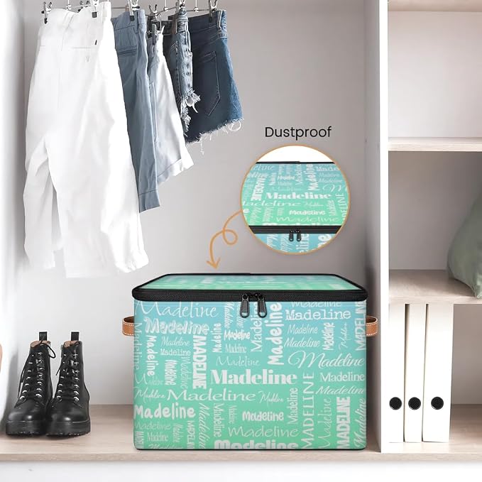 Custom Storage Basket with Name, Personalized Keepsake Box with Zipper Lid, Foldable Fabric Memory Bin Large capacity with Handle Bright Green Blue