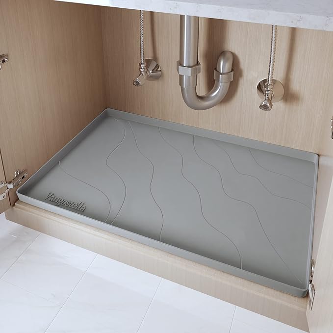 Heavy Duty Silicone Under Sink Mat for Kitchen&Bathroom 25" x 19",Waterproof Under Sink Rubber Mat Drip Tray, Raised Edge Under Sink Liner,Prevent Drips, Leaks, Spills,Grey