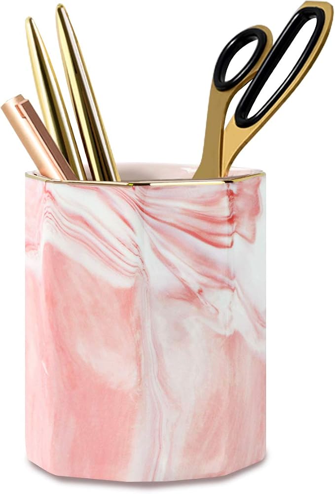 Pen Pencil Holder for Desk, Durable Ceramic Pens Organizer, Makeup Brush Holder, Table Decor and Desk Accessories, Perfect Office Home Organization for Women Girl, Teacher Supplies, Pink Marble