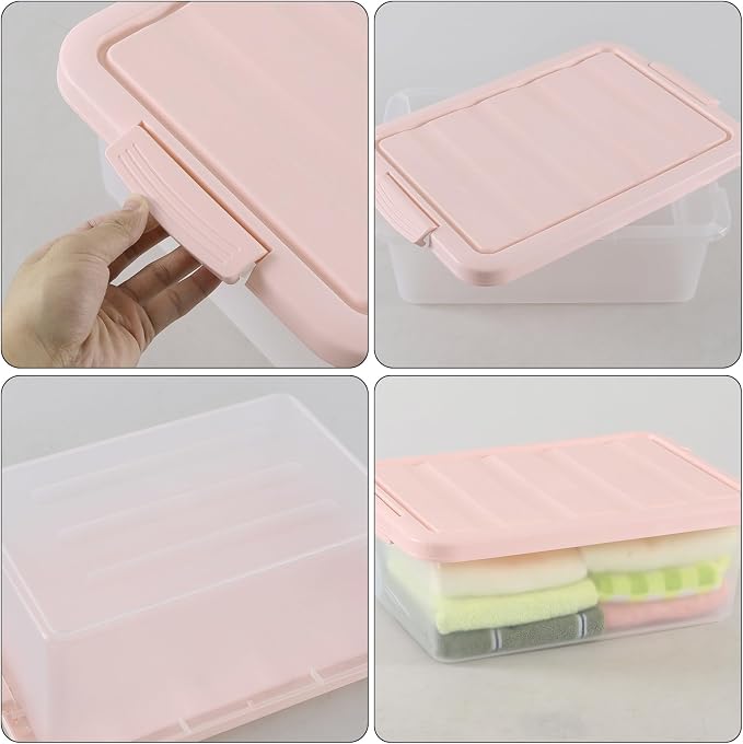Wekioger Set of 2 Versatile Organizer Bins with Pink Lids, 14 Quart Plastic Latching Storage Box