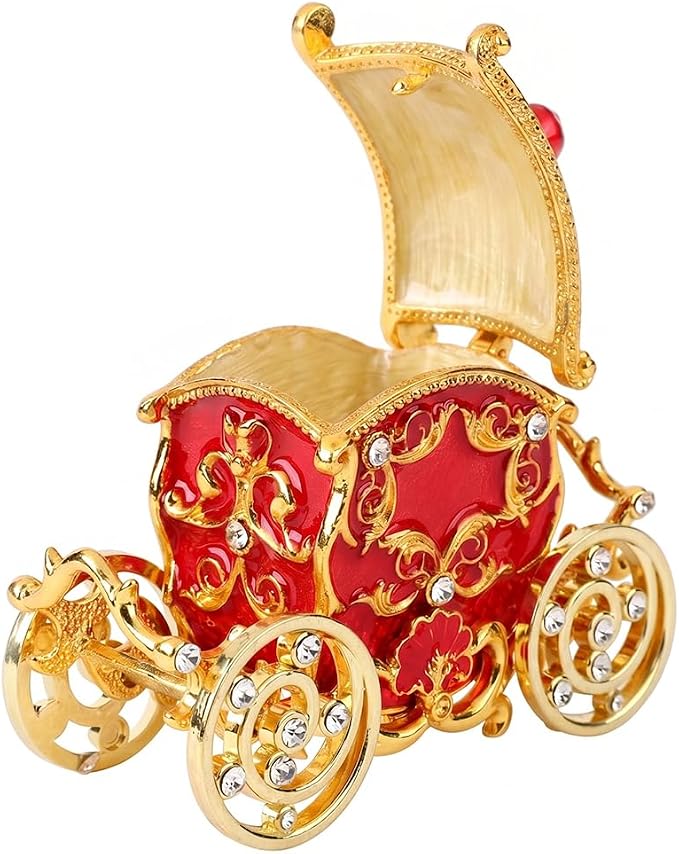 Retro Carriage Jewelry Trinket Box Enamel Ring Hold Boxes Hand-Painted Vintage Ornaments Craft Gift for Women Girls (Red)