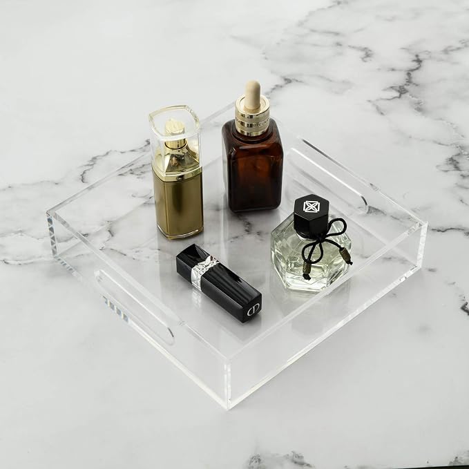 KEVLANG Clear Sturdy Acrylic Tray with Handles-8"x8"x2"H-Countertop Organizer Tray for Kitchen,Bathroom,Office- Storage Box for Cosmetics, Jewelry,Toiletries,Toy,Gadgets