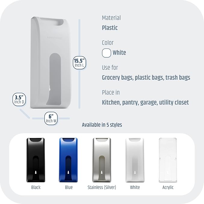 Manterio Plastic Bag Holder | UPGRADED Wall-Mount Grocery Bag Dispenser | Space-Saving Design | Easy Install | Smudge-Proof, Fingerprint-Resistant | White | Holds the Most Bags for Maximum Storage