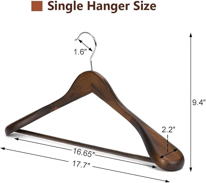 JS HANGER Wooden Suit Hangers - 6 Pack - Wood Coat Hangers,Jacket Outerwear Shirt Hangers,Glossy Finish with Extra-Wide Shoulder, 360 Degree Swivel Hooks & Anti-Slip Bar, Retro