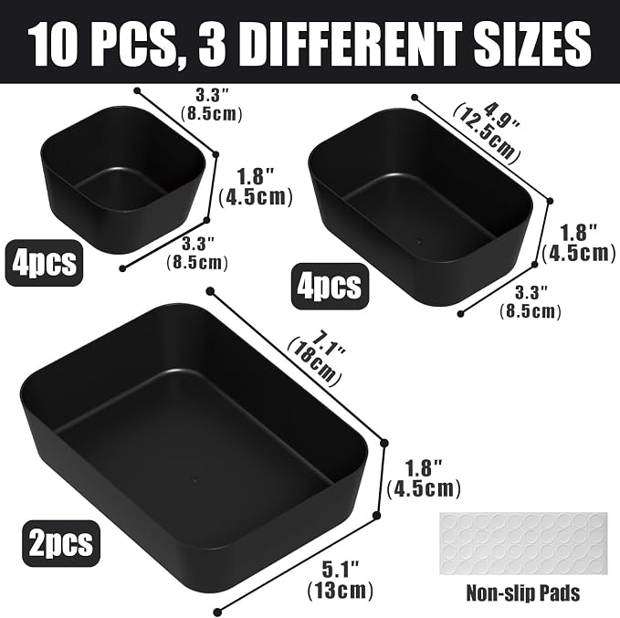 Drawer Organizers Bins 10 PCS for Bathroom Makeup Desk Office | with Non-slip Pads, 3 Sizes, Plastic Tray, Vanity Organizer, Kitchen Utensils Organizer