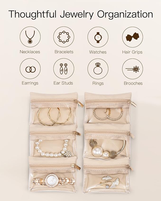 VLANDO Jewelry Travel Case,Travel Jewelry Organizer with Clear Velvet Jewelry Bags 6Pcs Zipper Pouch for Women Girl Christmas Wedding Gift-Green