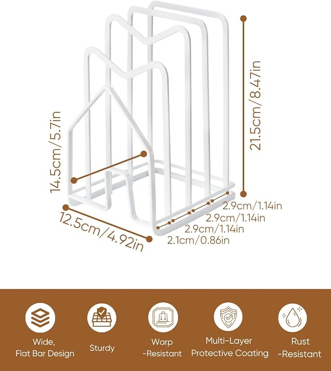 LINFIDITE Cutting Board Rack Chopping Board Organizer Stand Holder Kitchen Countertop Pots Pan Lids Rack Organizer Flat Steel 4.92Lx5.71Wx8.46H in. White
