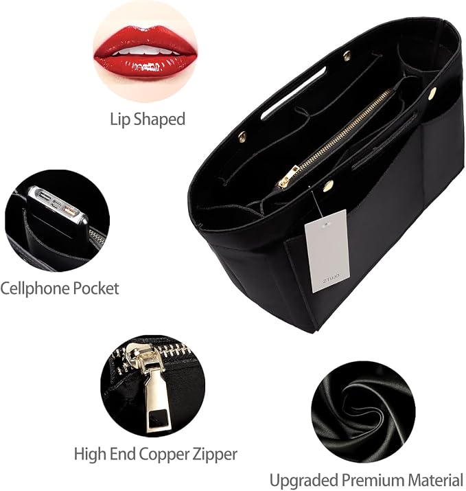 ZTUJO Purse Organizer Insert For Handbags, Silky Bag Organizer With 2 Zippers For Speedy Neverful Tote and More (Black, Medium)