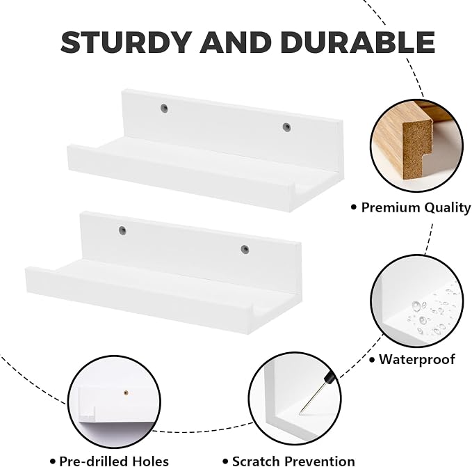 Muzilife 12" Small Floating Wall Ledge Shelves with Lip - Set of 2 Wood Floating Shelves - White Wall Mounted Picture Ledge for Office, Bathroom, Bedroom, Living Room, Kitchen