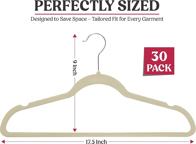 LDC Ivory Velvet Hangers 30 Pack - Premium Non-Slip Clothes Coat Pants Felt Hanger for Closet - Heavy Duty Space Saving 360° Swivel Hook Hangars - Ivory