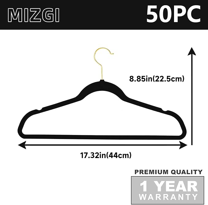 MIZGI Premium Velvet Hangers Pack 50 Pcs Heavyduty - Non Slip Slimline - Velvet Suit Hangers Black - Gold Hooks,Space Saving Clothes Hangers …