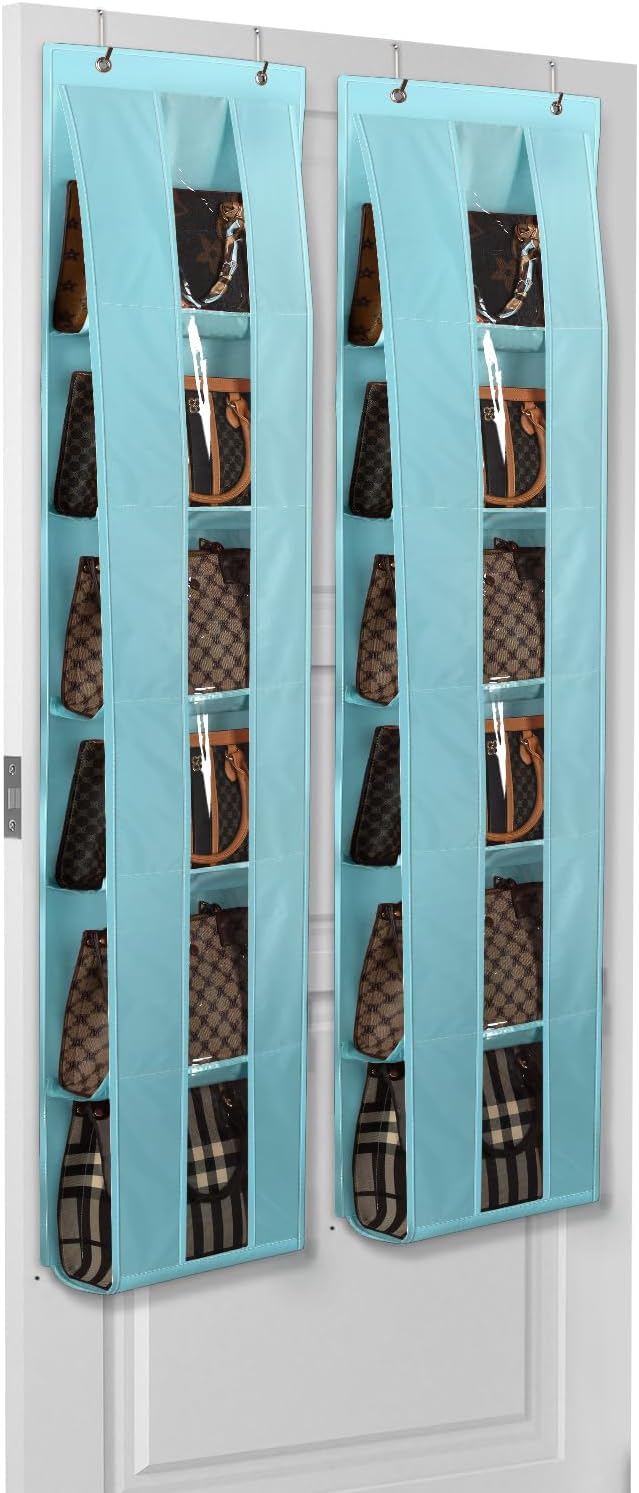 Lirex Over the Door Organizer, 2 Pack Handbag Storage with 6-Tier Space-Saving for Door or Closet, Handbag Hanger, Light Blue