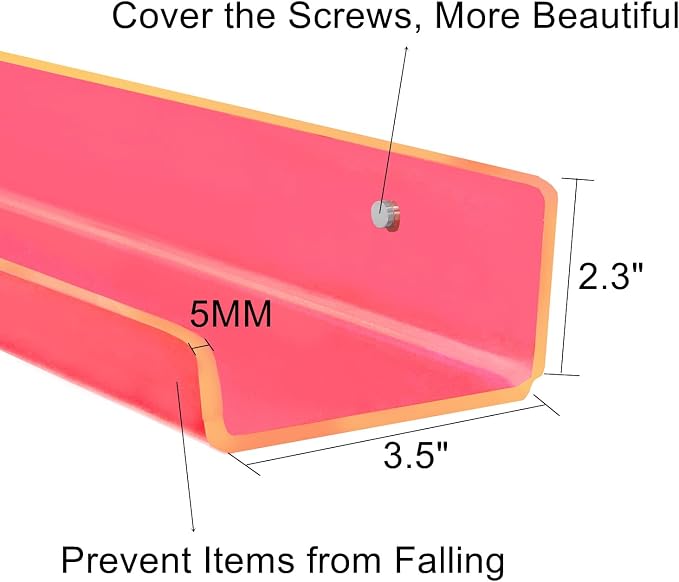 ROYALITA 2-Pack Acrylic Shelves Wall Mounted, 24 Inch Floating Shelves | for Small Items Plants Organize Wall Shelves for Gaming Room, Bedroom, Living Room, Office, Pink