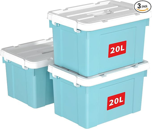 Cetomo Lidded Storage Bin with Handle, Tote Organizing Container with Durable Lid and Secure Latching Buckles, Stackable and Nestable, Plastic, 25 Quart-3 Pack, Blue