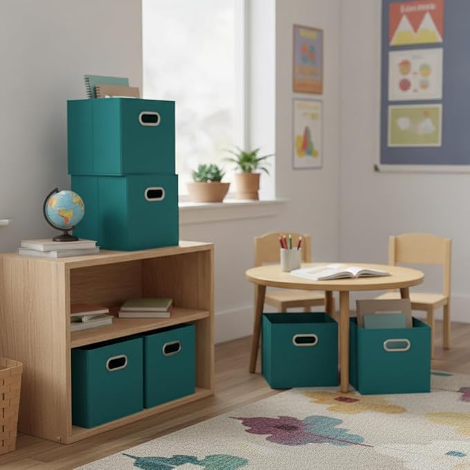 Household Essentials Fabric Storage Bins in Strong Poly‑Woven Fabric, Sturdy Chipboard Sides, Grommet Front Handle, Teal Green, Set of 6