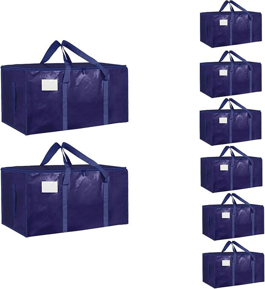 8 Pack-Extra Large Heavy Duty Moving Bags - Waterproof Storage Totes with Handles & Zippers, Foldable for College Dorm, Storage (Dark Blue)