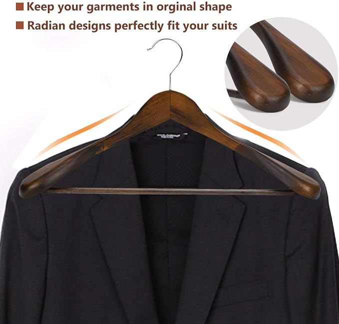 JS HANGER Wooden Suit Hangers, 6 Pack Extra-Wide Shoulder Wood Coat Hangers with Non Slip Pant Bar, Extra Smooth and Splinter Free Retro Finish