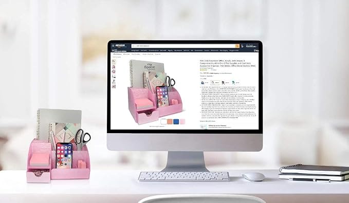 My Space Organizers Pink Desk Organizer Office, Acrylic, with Drawer, 9 Compartments, Supplies and Cool Desk Accessories Organizer, Desktop Pen Holder (Pink)