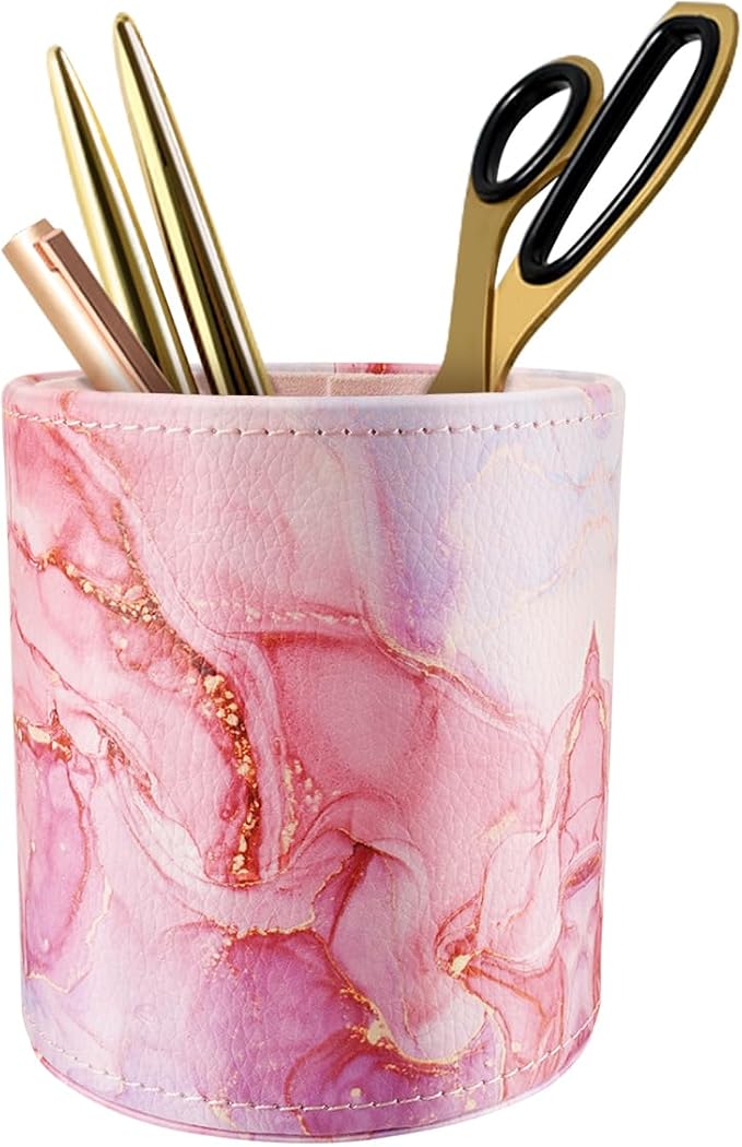 Pen Holder for Women Girls, Pencil Cup Pink Desk Decor, Makeup Brush Holder Large Pu Leather Multi-Functional Organizer Cup for Office, Classroom, Home, Red Marble