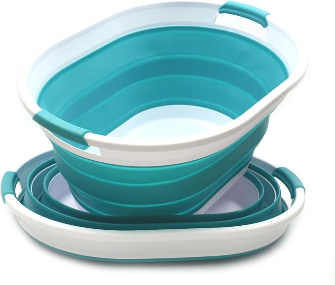 SAMMART 28L (7.4 gallon) Collapsible Plastic Laundry Basket-Oval Tub/Basket - Portable Washing Tub-Space Saving Laundry Hamper, Water capacity: 22L (5.8 gallon) (2, Bright Blue)