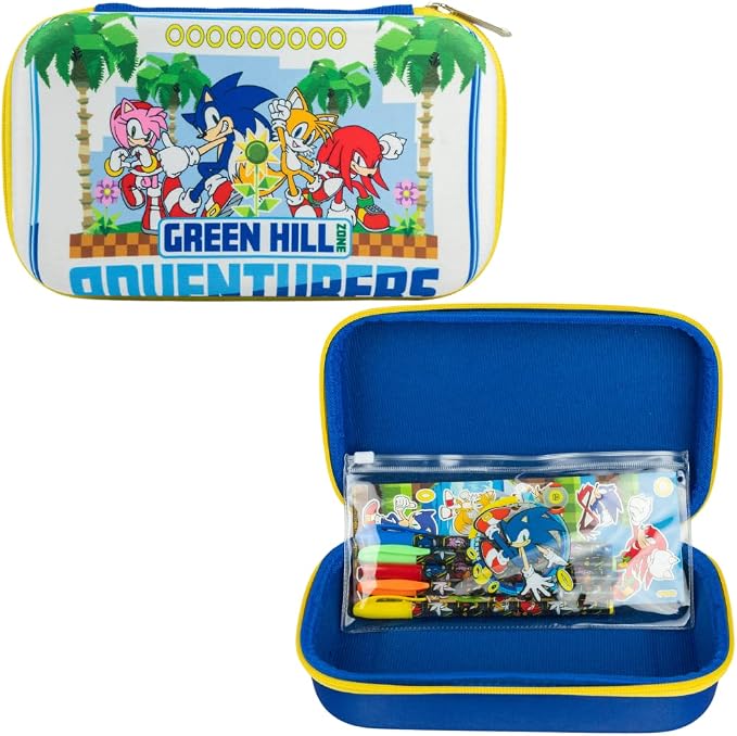 Innovative Designs Sonic the Hedgehog Pencil Case Set with Stickers and Gel Pens for Kids, Molded with Zip Closure, Blue