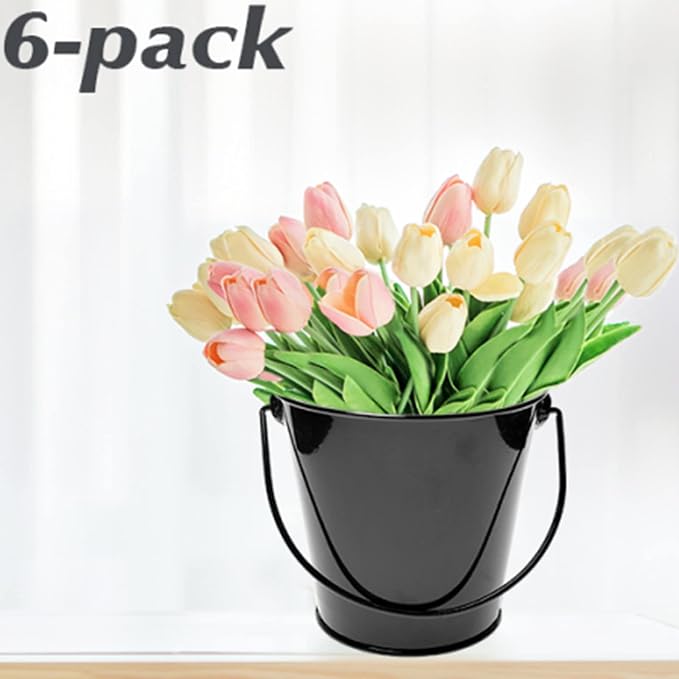 Metal Buckets with Handle - 6 Pack 4.3 Inch Small Iron Pail, Easter Bucket,Pencil Holder and Flower Pots,Craft Supply Holders for Events,School Storage and Party. (Black, 4.3" Top)