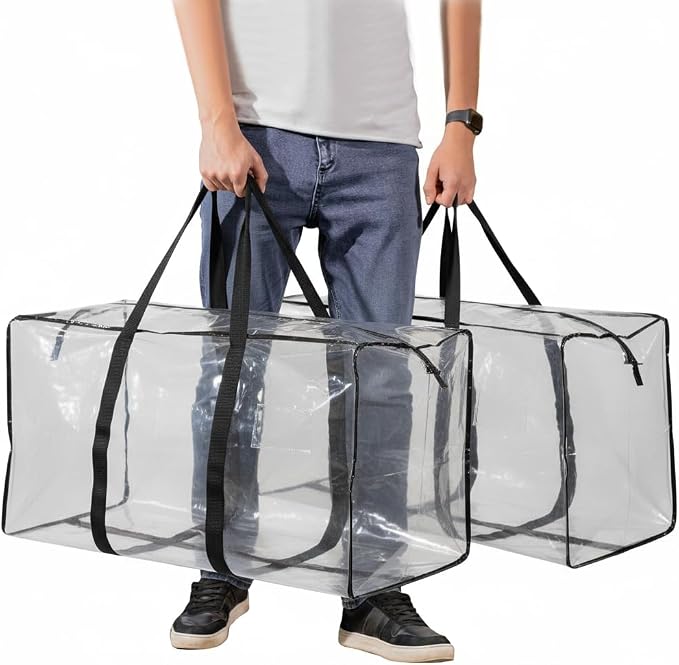 Heavy Duty Extra Large Moving Bags,121 Gallon Jumbo Packing Bags,Huge Moving Storage Bags with Strong Zippers & Carrying Handles,Reusable Big Moving Storage Bags for College Dorm Travel 2Pack,Clear