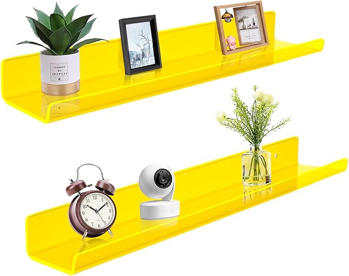 ROYALITA 2-Pack Acrylic Shelves Wall Mounted, 24 Inch Floating Shelves | for Small Items Plants Organize Wall Shelves for Gaming Room, Bedroom, Living Room, Office, Yellow