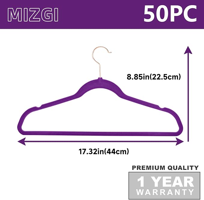 MIZGI Premium Velvet Hangers (50 Pack) Heavy Duty - Non Slip Felt Pads - Velvet Suit Hangers Dark Purple - Rose Gold Hooks, Space Saving