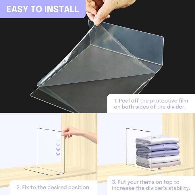 OKPOW Acrylic Shelf Dividers for Closet Organization: 10" Tall X 8.46" Deep Durable 8 Pack Clear Shelves Separators for Clothing Adjustable Purse Organizer