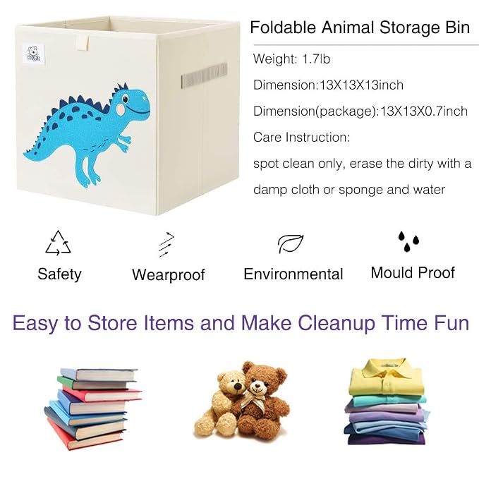 Foldable Animal Cube Storage Bins Fabric Toy Box/Chest/Organizer for Toddler/Kids Nursery, Playroom, 13 inch (Dino T-Rex)