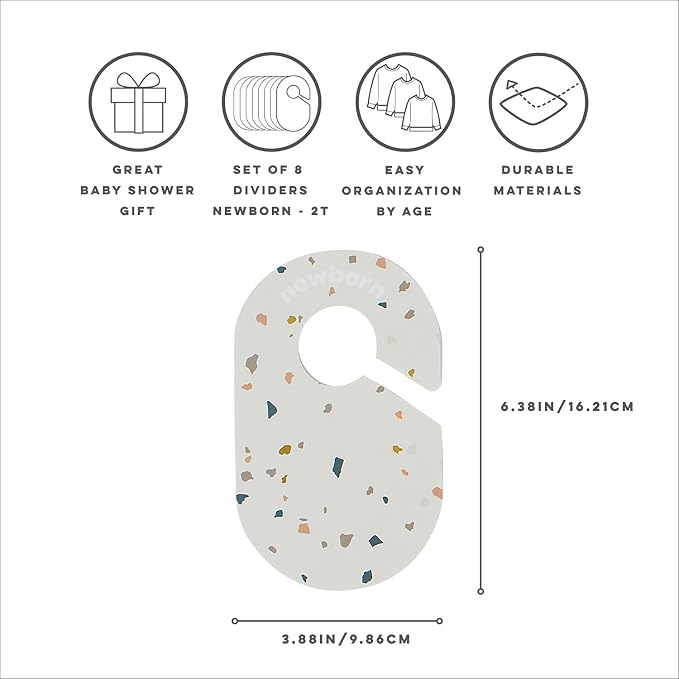 3 Sprouts Baby Closet Dividers, Newborn to 2T, Terrazzo, 8 Piece Set | Newborn to 2T sizing, 8-piece set, Double-sided size labels, Age labels, Nursery closet storage, Baby clothes organizer