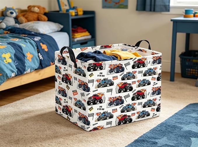 Rectangular Baby Kids Storage Basket for Home Kitchen Girls Cute Toy Storage Bin Organizer Shelf Book Room Decor(Racing Truck)