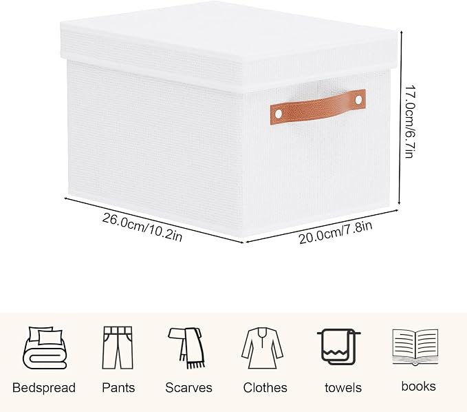 Fabric Storage Boxes with Lids, 10.2×7.8×6.7 Inch Clothes Bins for Shelves, Closet Organizers for Organizing with Handles, White, 3-Pack