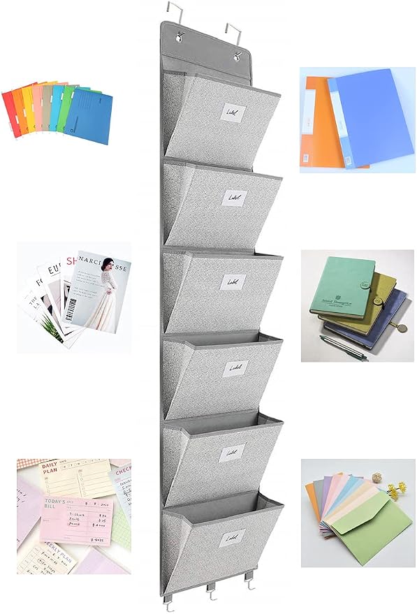 Over The Door File Organizer - 6 Extra Large Pockets Hanging Wall Mounted Storage Files Holder Pocket Chart for Magazine, Notebooks, Planners, Mails etc. Office Home Supplies