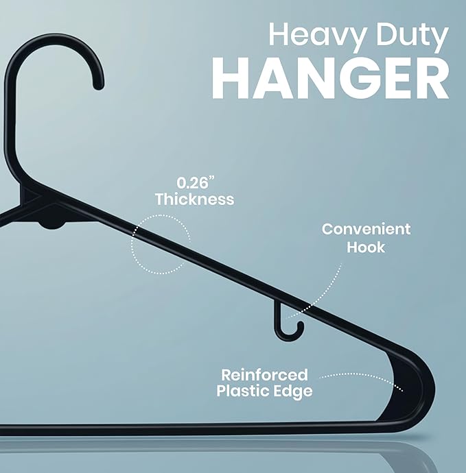 Utopia Home Plastic Hangers 50 Pack – Built-in Strap Hooks Black | Space saving | Durable & strong | Closet organizer | Clothes hangers | Ideal for shirts, pants, skirts & coats
