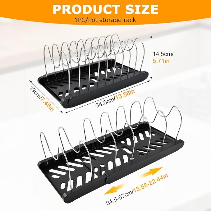 Pots and Pans Organizer for under Cabinet, Expandable Pot Lid Holder with 10 Adjustable Compartment, Pan Organizer Inside Cabinet for Lids & Cookware(COLOR:Black)