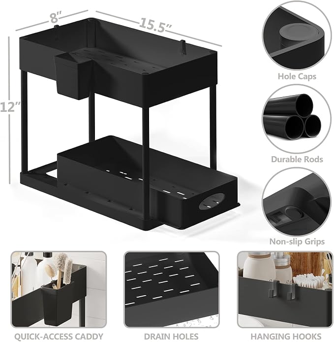 Hearth & Harbor 2-Pack Black Under Sink Organizers with Hanging Hooks and Non-Slip Rubber Legs