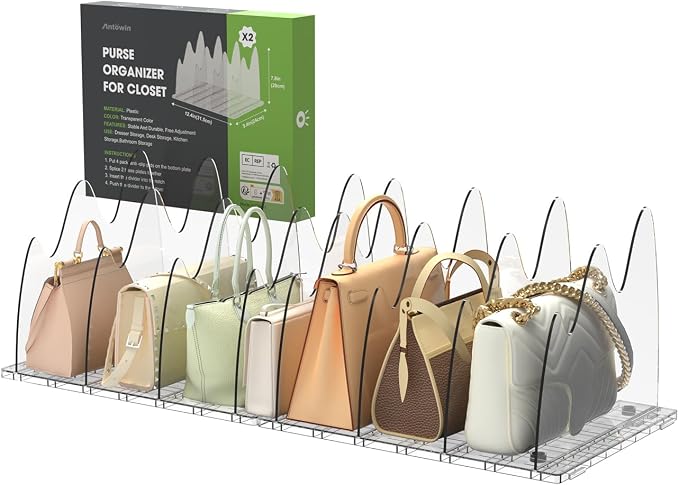 ANTOWIN 2 Pack Clear Purse Organizers for Closet, Adjustable Shelf Divider, Handbag Separators Storage Organizer, Shelf Divider in Bedroom, Office, Kitchen