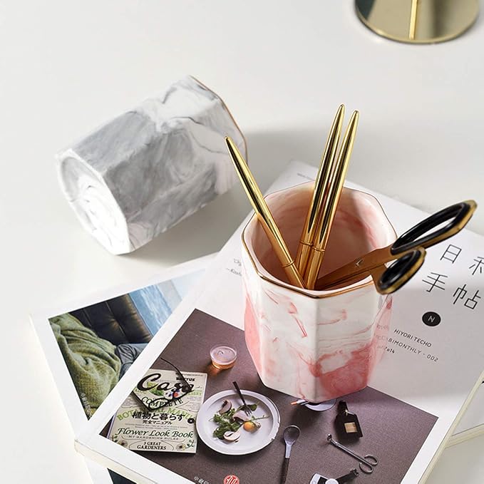 Pen Pencil Holder for Desk, Durable Ceramic Pens Organizer, Makeup Brush Holder, Table Decor and Desk Accessories, Perfect Office Home Organization for Women Girl, Teacher Supplies, Pink Marble