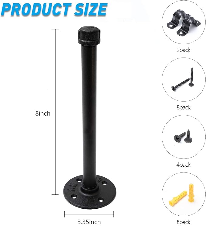 1/2" Industrial Black Iron Pipe Shelf Brackets, Rustic Wall Mounted DIY Shelving Bracket Hanging Custom Pipe Brackets for Floating Shelves (8 Inch, Piece, 2.0)