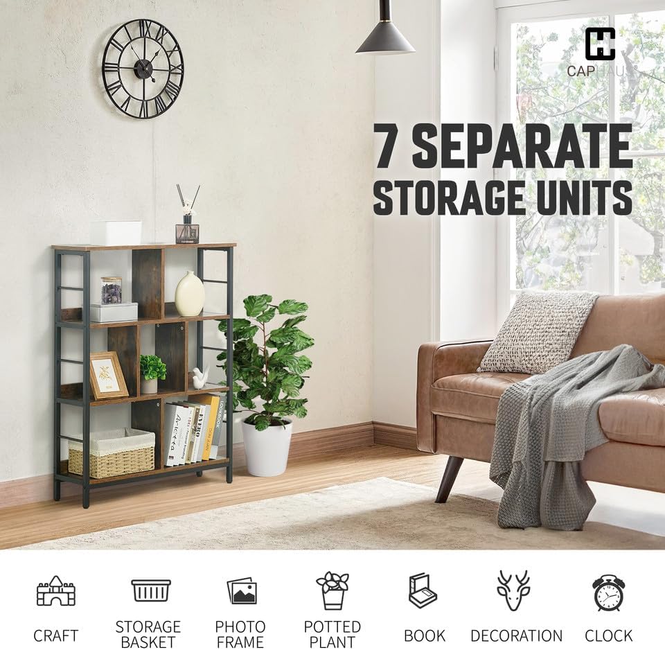 CAPHAUS 7 Cube Storage Organizer, 32” Wide 3 Tier Rustic Oak Industrial Open Shelf Bookcase, Display Shelf, Horizontal B