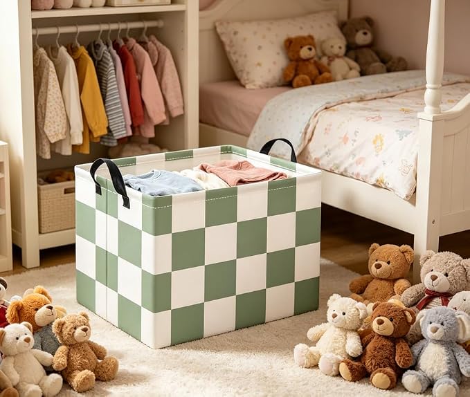 Rectangular Baby Kids Storage Basket for Home Kitchen Girls Cute Toy Storage Bin Organizer Shelf Book Room Decor(Green Checkered)