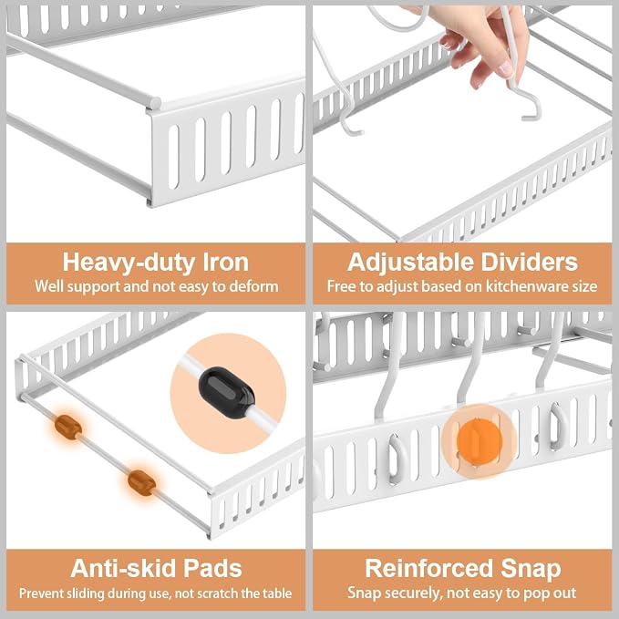 Housolution 2 Pack Pot and Pan Organizer, 12"-23" Expandable Pot Lid Organizer with 14 Adjustable Dividers, Pan Lid Holder Storage Rack for Cabinet, White