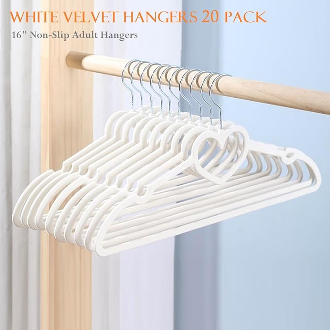 Velvet Hangers 20 Pack,16 Inch Non Slip Adult Heart Hanger (White) | 360° Swivel Hooks, Cascade Design, Space Saving