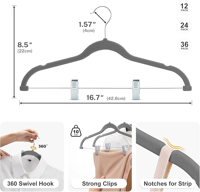 HOUSE DAY Velvet Skirt Hangers 36 Pack, Grey Hangers with Adjustable Clips | Space Saving Slim Felt Pant Hanger, Heavy Duty Shorts Hanger, Non Slip Clip Hangars for Pants, Skirts, Shorts, Outfit