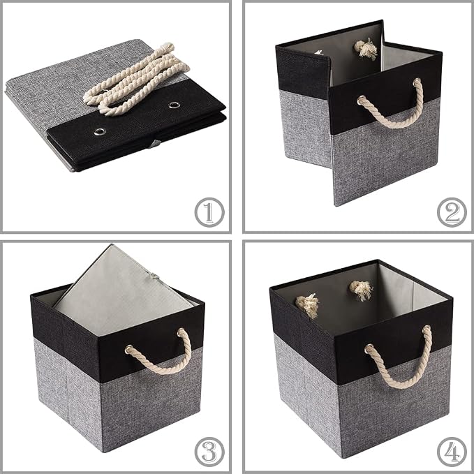 PRANDOM Large Foldable Cube Storage Bins 11x11 inch [4-Pack] Fabric Linen Storage Baskets Cubes Drawer with Cotton Handles Organizer for Shelves Nursery Closet Bedroom Black
